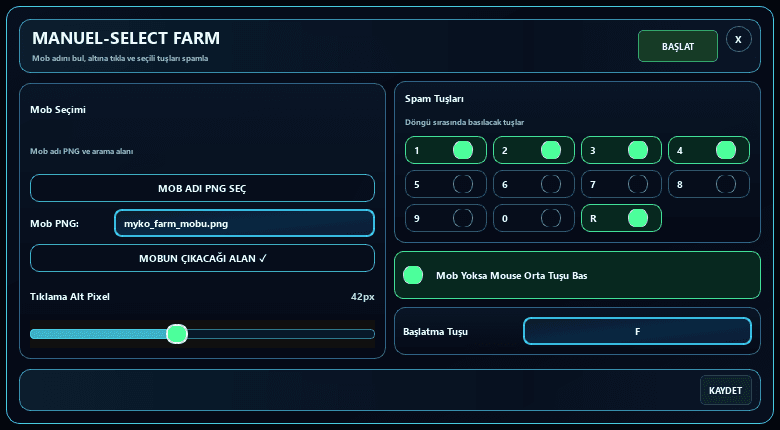 sRGmakro Manuel-Select Farm mob PNG, tarama alanı, tıklama alt pikseli ve spam tuşları ayarları