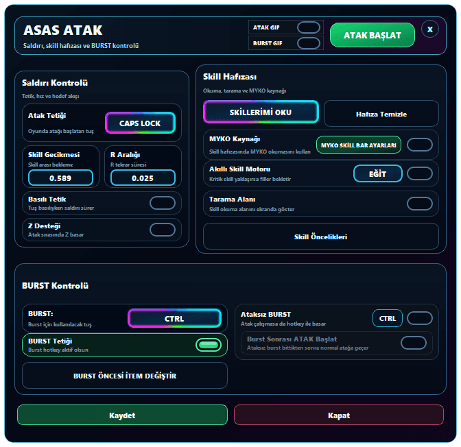 sRGmakro Knight Online ASAS Attack ayarları; saldırı kontrolü, skill hafızası ve BURST paneli