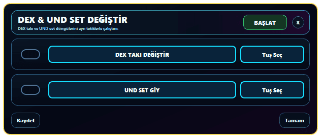 sRGmakro Knight Online ASAS DEX takı ve UND set değiştirme ana penceresi
