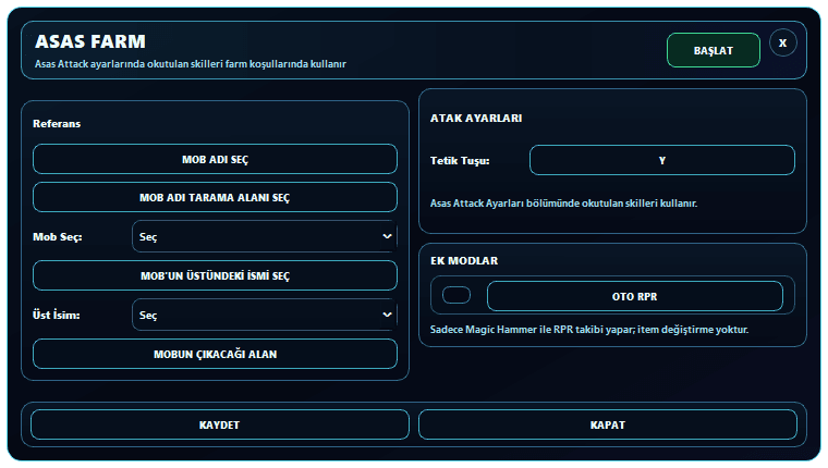 sRGmakro Knight Online ASAS farm mob seçimi ve Oto RPR ayarları