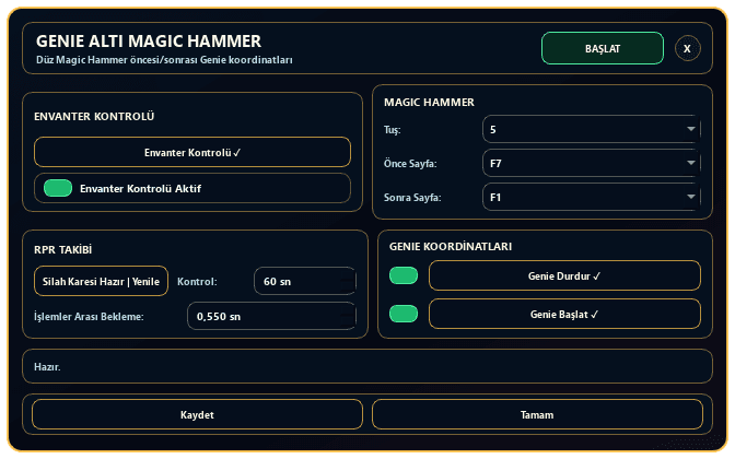 sRGmakro Genie Altı Magic Hammer; silah karesi, kontrol aralığı, F sayfaları ve Genie koordinatları
