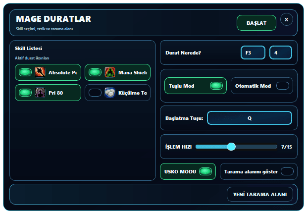 Mage Duratlar skill, tetik, tarama ve çalışma modu ayarları