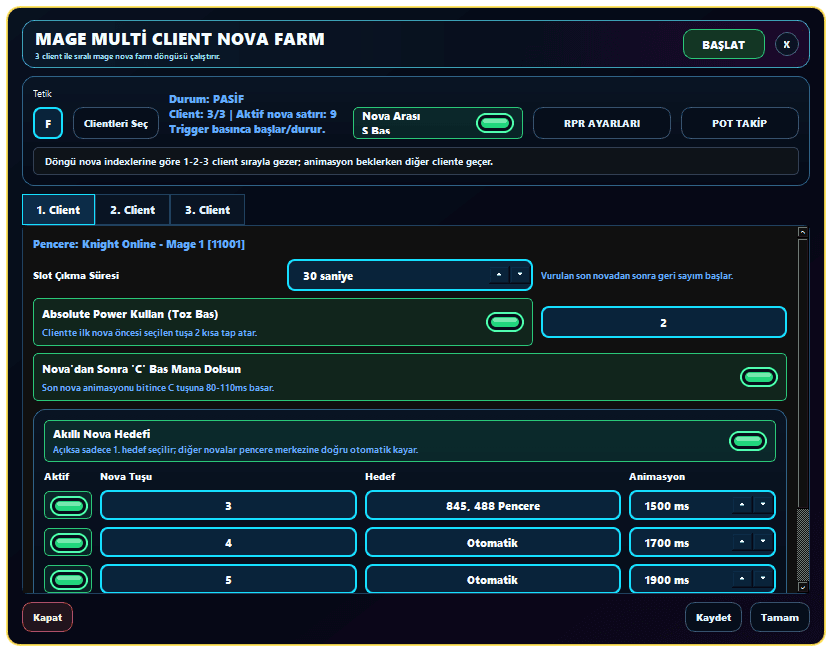 Mage Multi Client Nova Farm üç client ve nova satırı ayarları