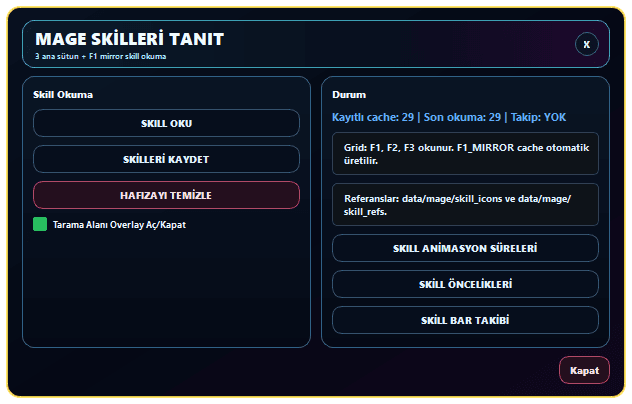 sRGmakro Mage Skilleri Tanıt penceresinde skill okuma, cache, animasyon ve öncelik ayarları