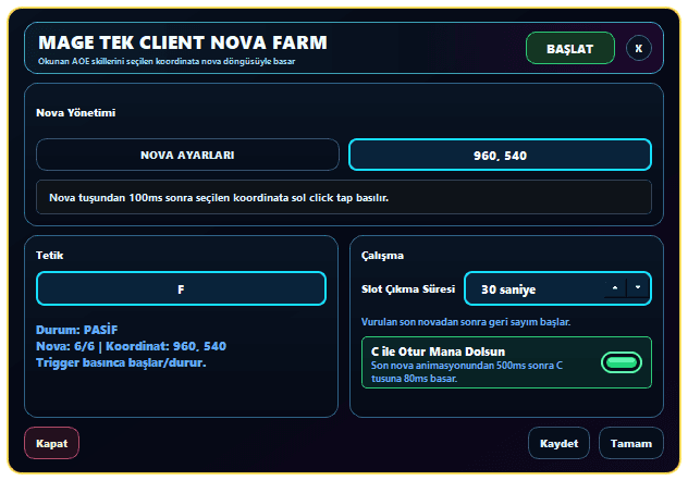 Mage Tek Client Nova Farm ayarları