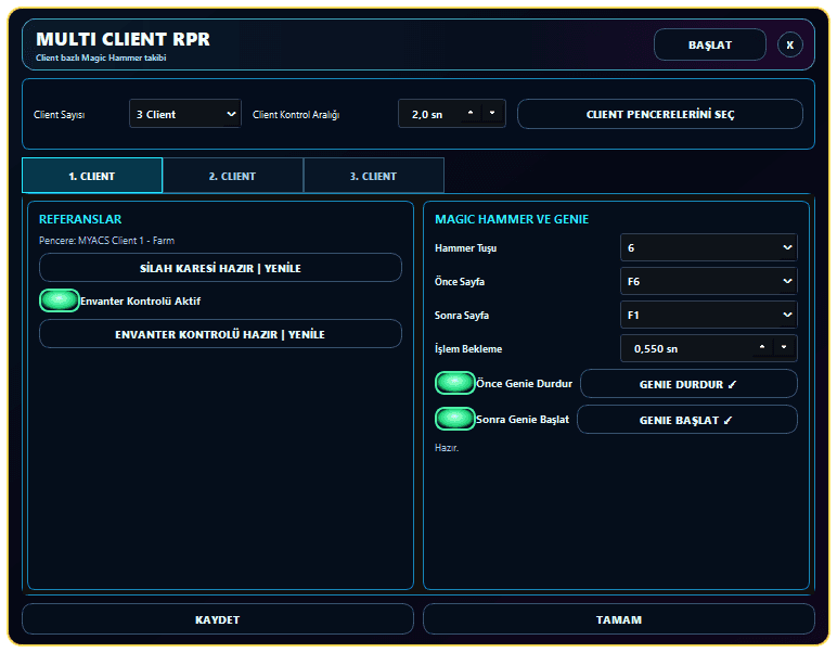 sRGmakro Multi Client RPR penceresinde üç client, silah referansı, Magic Hammer ve Genie ayarları