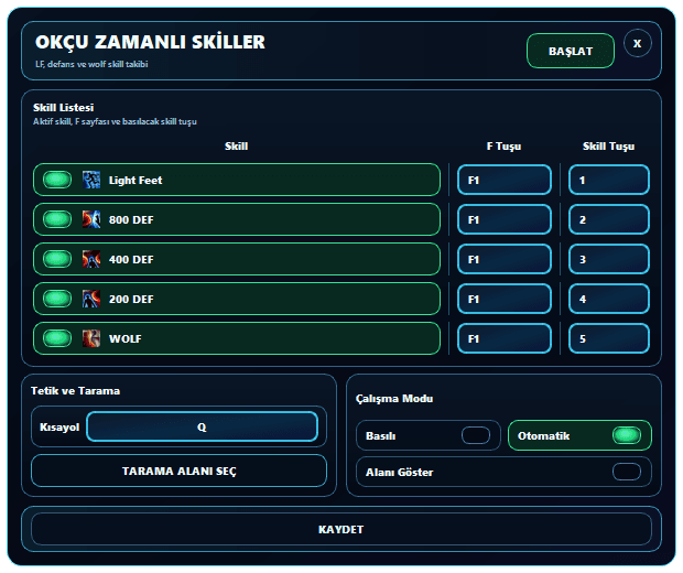 sRGmakro Knight Online Okçu İşlevsel Skiller Light Feet DEF Wolf takip ayarları