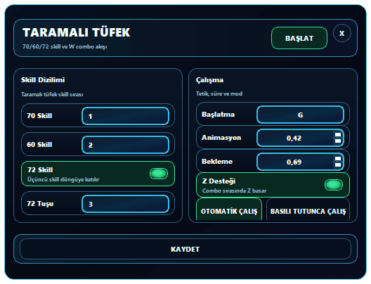 sRGmakro KO4FUN Taramalı Tüfek 70 60 72 W combo ve Z ayarları