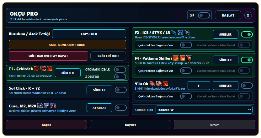 sRGmakro Knight Online OKÇU PRO skill okuma ve combo kontrol penceresi