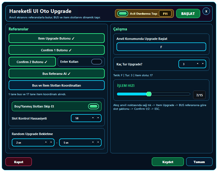 sRGmakro Hareketli UI Oto Upgrade penceresinde görsel referanslar, BUS ve item slotları, boş slot kontrolü ve tur ayarları