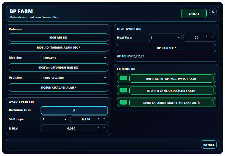 sRGmakro BP Farm ana ekranında mob referansı, saldırı, heal ve ek mod ayarları
