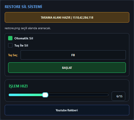 sRGmakro Restore Sil ayar kartında tarama alanı, otomatik sil, tuş ile sil ve işlem hızı seçenekleri