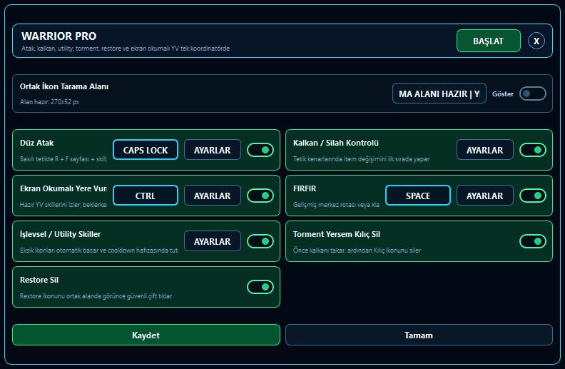 sRGmakro Knight Online WARRIOR PRO PK macro ana paneli; atak, kalkan silah, ekran okumalı yere vurma, FIRFIR, utility, Torment ve Restore modları