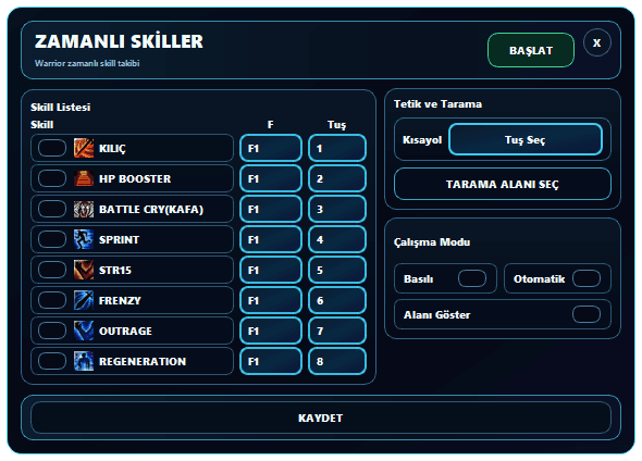 sRGmakro Knight Online Warrior zamanlı utility skiller ikon tarama F tuş ve çalışma modu ayarları